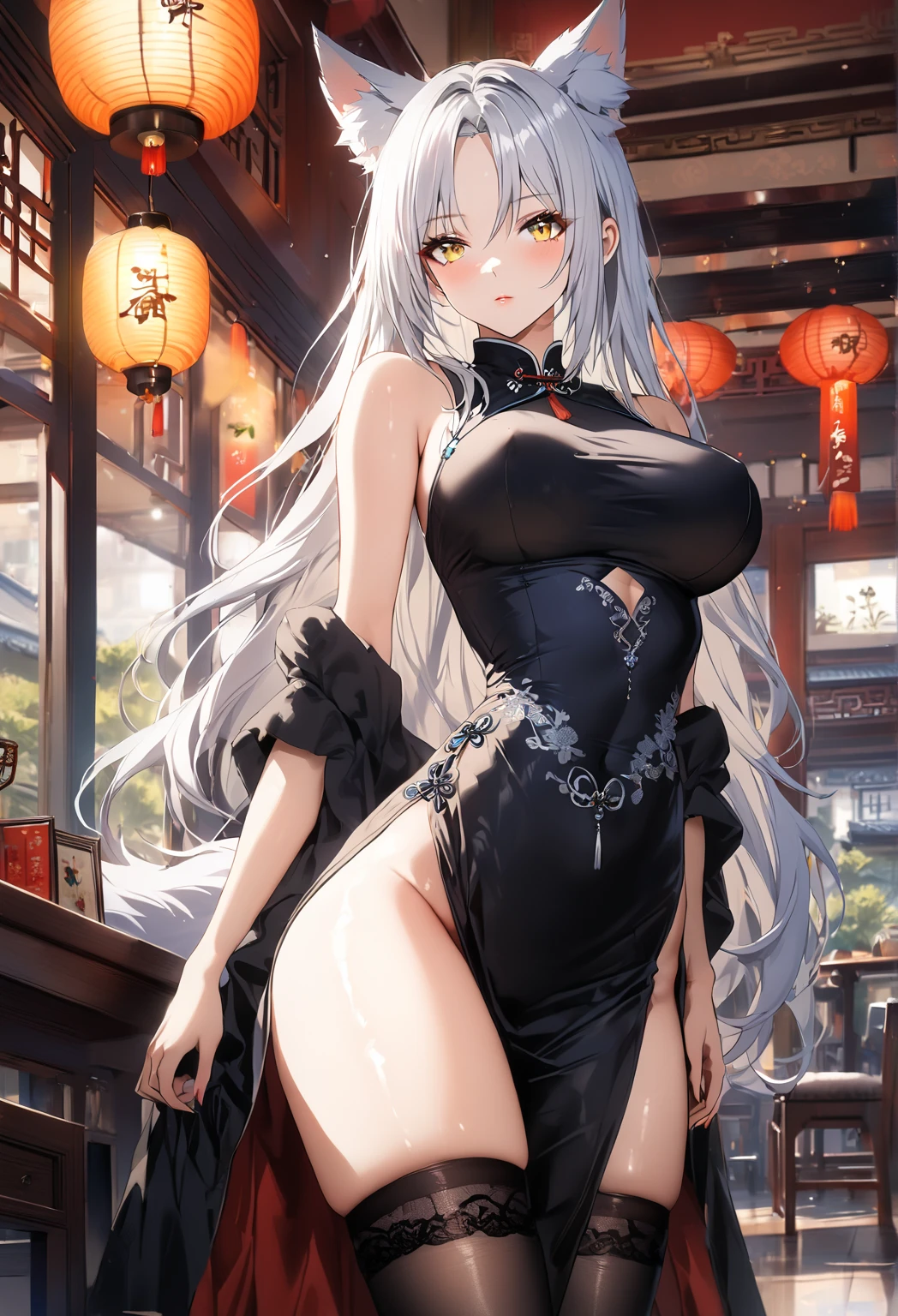 Highest quality, masterpiece, 1girl, solo, (white long hair), parted bangs, ((yellow eyes)), wolf ears, wolf tails, chinese dress, slim waist, shiny skin, (long dress), (tight dress), (ying and yang dress), (clothed), black dress, large breasts, thighs, thigh highs, tea shop background, Chinese background, beautiful lighting, expressionless, calm, elegant, 