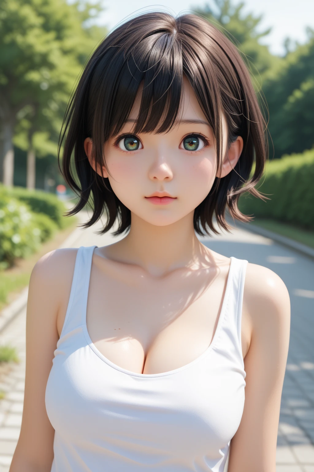 score_9,score_8_up ,score_7_up,BREAK, rating_safe,source_real,3d,one girl,short body,short arms,cowboy_shot,small head,round head,almond eyes,cute iris,black iris,tareme,small nose,cute nose,cute mouth,short neck,tank top,hot pants,looking at viewer,large breasts,outdoors