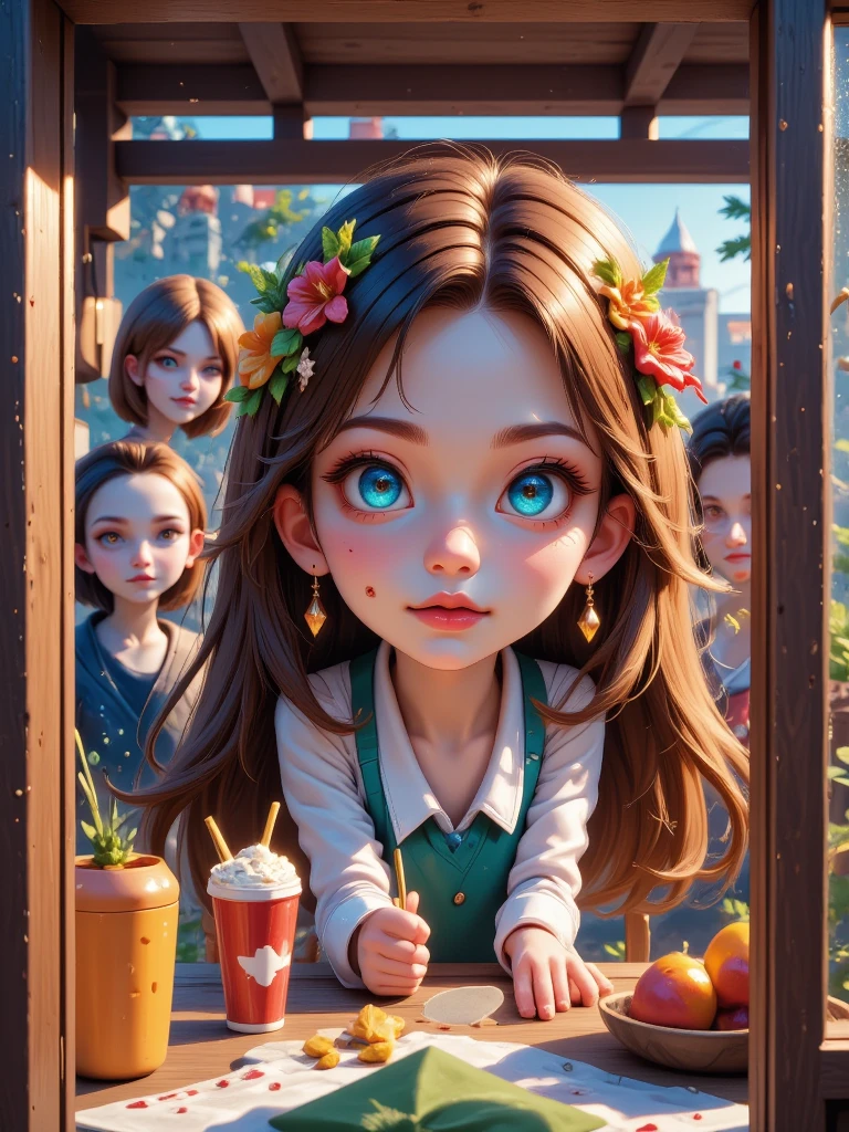 
"A realistic 3D anime-style scene where Sol, a female zombie with glowing blue eyes and subtle greenish skin with faint bite marks, Lucy, a human girl with long brown hair, and other friendly zombies are working together to secure their small, cozy restaurant. Sol and Lucy are coordinating, moving furniture to block entrances, while the other zombies assist by strengthening the barricades. The setting is warm with rustic wooden furniture, and the atmosphere is tense but determined as they prepare to face the challenge. The characters' expressions reflect their commitment to protecting their space and community, with lifelike textures and realistic lighting."
