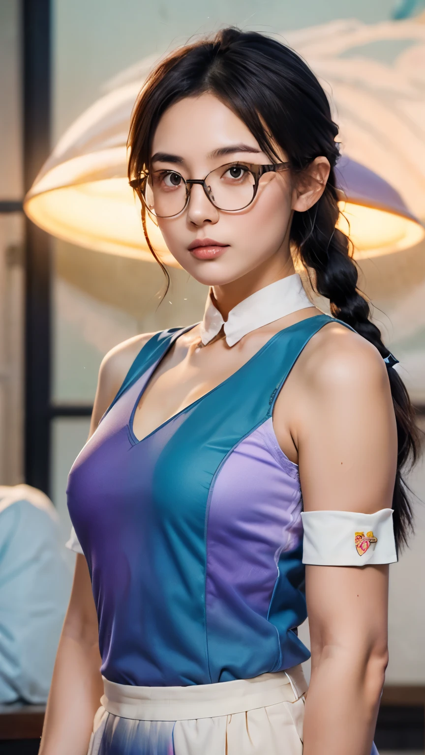 Best quality, (masterpiece:1.2), illustration, absurd, Japanese cartoons,
(A man,A woman(Purple and White Ombre Double Braids)),
Glasses, Rocket,Rocket uniform, Red letter R, White short top,Black elbow gloves
(Looking at the audience)