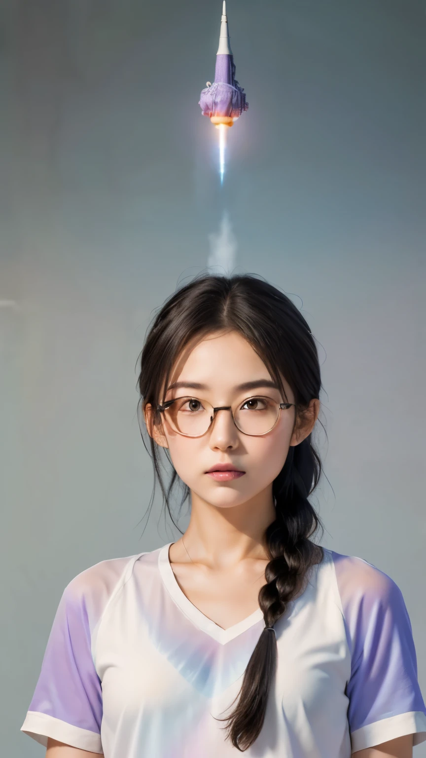 Best quality, (masterpiece:1.2), illustration, absurd, Japanese cartoons,
(A man,A woman(Purple and White Ombre Double Braids)),
Glasses, Rocket,Rocket uniform, Red letter R, White short top,Black elbow gloves
(Looking at the audience)
