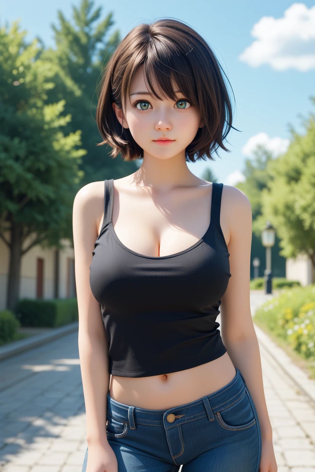 score_9,score_8_up ,score_7_up,BREAK, rating_safe,source_real,3d,one girl,short body,short arms,cowboy_shot,small head,round head,almond eyes,cute iris,black iris,small nose,cute nose,cute mouth,short neck,tank top,hot pants,looking at viewer,large breasts,outdoors