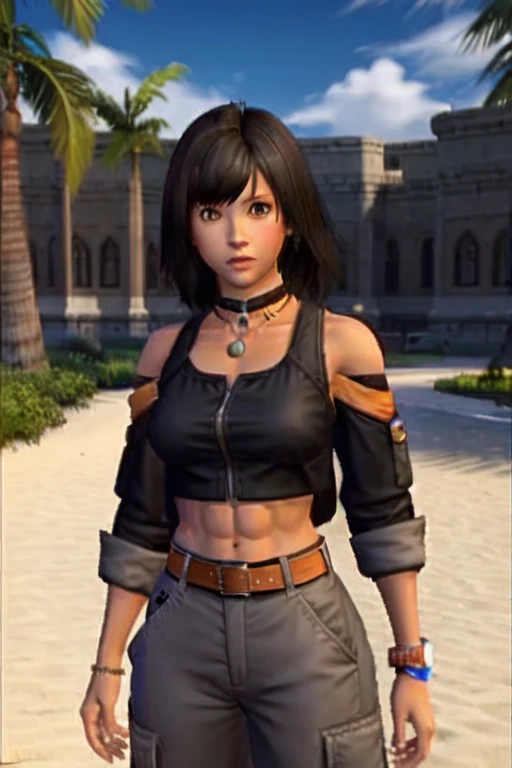 masterpiece, best quality, 1girl, solo, ps2 style, Mixed race Navajo-Latina woman, tan-bronze skin, athletic physique, muscular, amber eyes, short black hair with bangs, opened black jacket, orange off-shoulder top, belt, gray cargo pants
