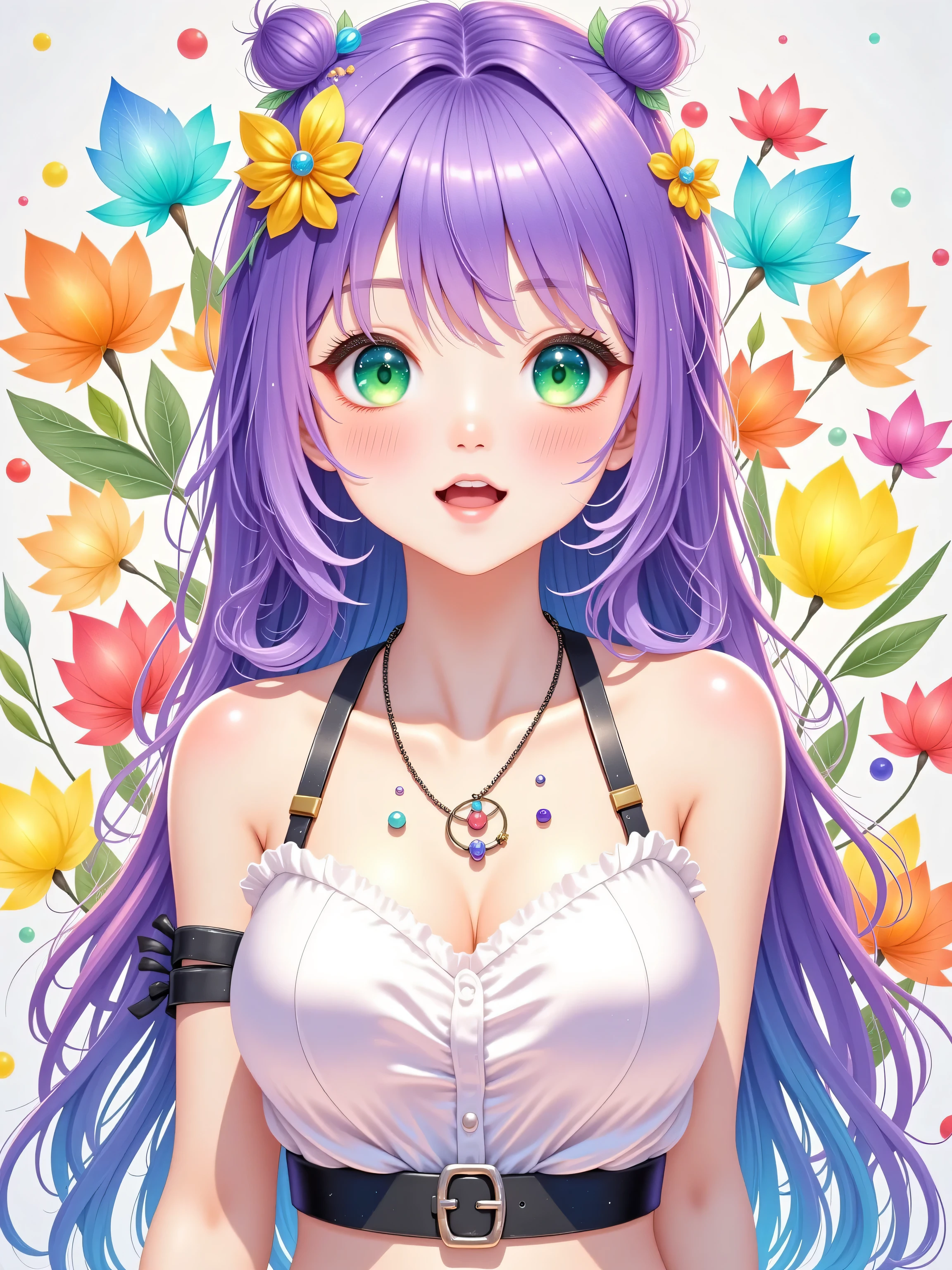 (masterpiece, highres, high resolution:1.2), anime 20 yo girl, portrait, shoulders up, illustration. drawn, violet hair, asian girl, green eyes, blushing, solo, surprised, freckles, big lips, huge breasts, perfect body, wearing a tight crop top, no hands.