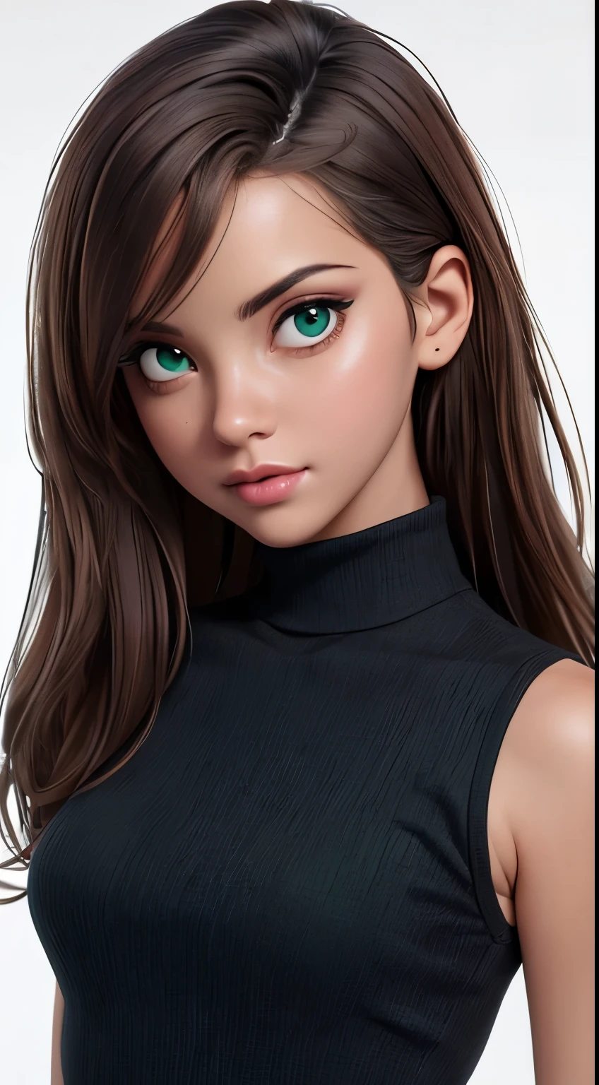 as cartoon character, sfw, dressed, black top, turtleneck, green-brown eyes, curvy, small breasts, upper body, intricate, sharp focus, soft lighting, vibrant colors, masterpiece, (frontal), detailed eyes, advertising studio lights, frontal led light ring, smooth shadows, bokeh background, Hyper Realistic Photography, Hyperdetail, UHD, Color Correction, HDR, color grading, hyper realistic (white background),