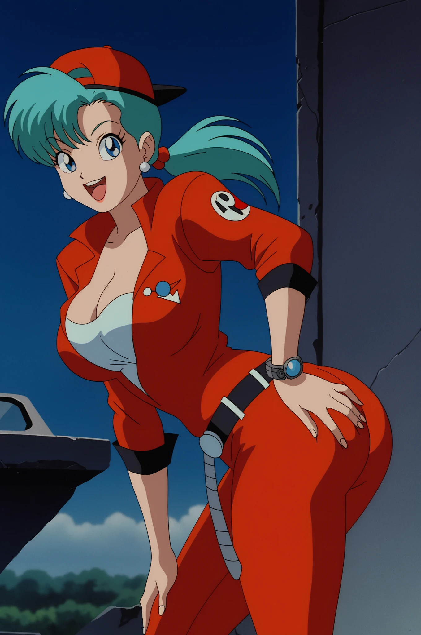 PonyXLV6_Scores BREAK (1980s (style), retro artstyle, perfect anatomy, perfect eyes, cowboy shot), BREAK source_anime, score_9, score_8_up, score_7_up, anime screencap,8k, absurd res, 
bulma, future, 1girl, solo, large breasts, cleavage, smile, ponytail, low ponytail, open mouth, blue eyes, backwards hat, aqua hair, earrings, cowboy shot, belt, hand on own ass, looking at ass, ((red jumpsuit)), leaning forward, from side,  print sleeve,
 