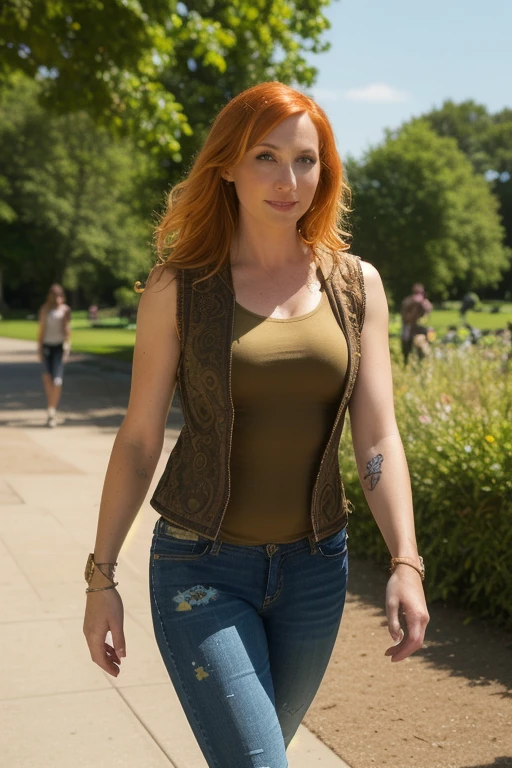 Mndngwmn, redhead, out, walking in the park,  leather jacket,  looking at the spectator, ( gunman shot :1.5), jeans,  sleeveless t-shirt , (Walking towards the viewer:1.3),
( RAW photo), (masterpiece:1.5), ( Best Quality :1.1), (intricate details:1.2), ( ultra detailed ), ( realistic :1.5), (photo realistic :1.5), (hyper  realistic :1.4), (Detailed clothing:1.3), (8K, 4k, intricate), (volumetric lighting:1.1), ( crotch :1.2), ( Detailed face:1.2), ( detailed eyes:1.2), ( detailed background:1.2), ( dynamic pose :1.3), fcPortrait, CR1 .2,