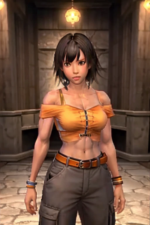 masterpiece, best quality, 1girl, solo, ps2 style, tan-bronze skin, athletic physique, muscular, amber eyes, short black hair with bangs, orange off-shoulder top, belt, gray cargo pants
