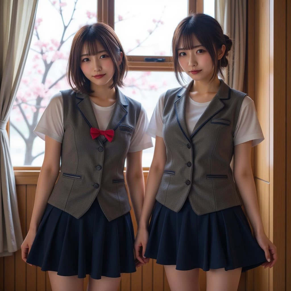 ((highest quality, masterpiece :1.3)), Photorealistic、Ultra-high resolution、Natural skin texture、Hyperrealism、Photograph from the knee up、12 year old beautiful Japanese girl、Twin tail hair、well-shaped breasts、White collared shirt and tie、mini skirt、Frightened expression