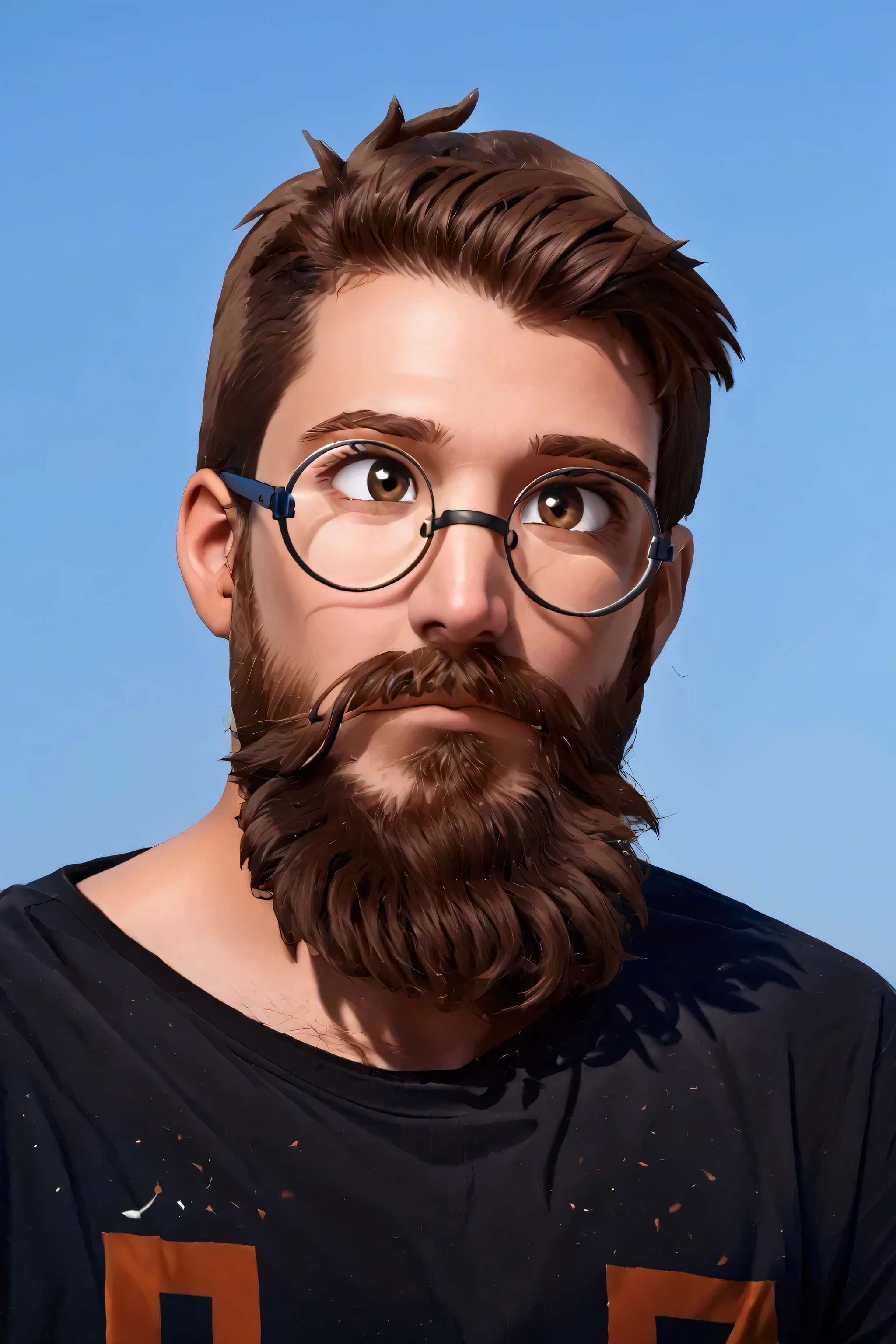 1 boy, round glasses, short brown hair, long beard, black beard, brown eyes, black shirt, big chest, character select portrait, blue sky background, 8k, high detail