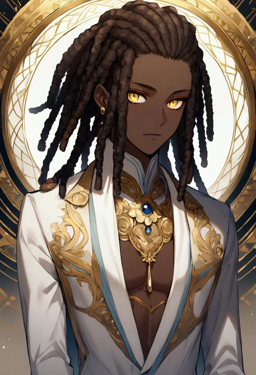 "Portrait of Koyo, a 16-year-old boy, 1.80 m tall, with dark brown skin and Afro-descendant features. He has black, curly and well-styled hair in small voluminous curls measuring 3.6 centimeters. His eyes are large and expressive, of a deep brown tone, with a shape that follows the aesthetics of a high school ager. The nose is slightly rounded, and the mouth is well defined, with full lips. Koyo wears an outfit that combines classic and modern elements: a shirt. black and a long jacket with gold details, accompanied by a flowing cape that gives an imposing look. He wears dark pants and high boots, also with gold details that harmonize with the rest of the outfit.(Dark Skin Color: 1.5)