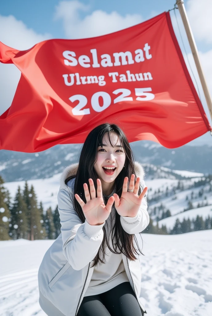 A Taiwanese woman with a snow jacket hooded with long big hair, her face full of happiness in her hands directly in front of the camera. Snow flew through the air, and expressions were a mixture of surprise and happiness. He wore a snow white jacket, simple trousers down to his feet. Unfurling a big red flag directly says: ((selamat ulang tahun 2025)). in a realistic style, but the scene has an exaggerated flirtatious and happy adult effect. The background is simple snow, on a snow mountain. adds humor to the situation.