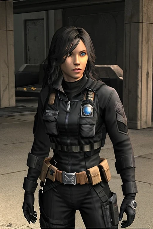 masterpiece, best quality, 1girl, solo, PS2 style, tan-bronze skin, athletic physique, muscular, amber eyes, wavy black hair, gray tactical suit, black bulletproof vest, black combat gloves, utility belt, gun holsters
