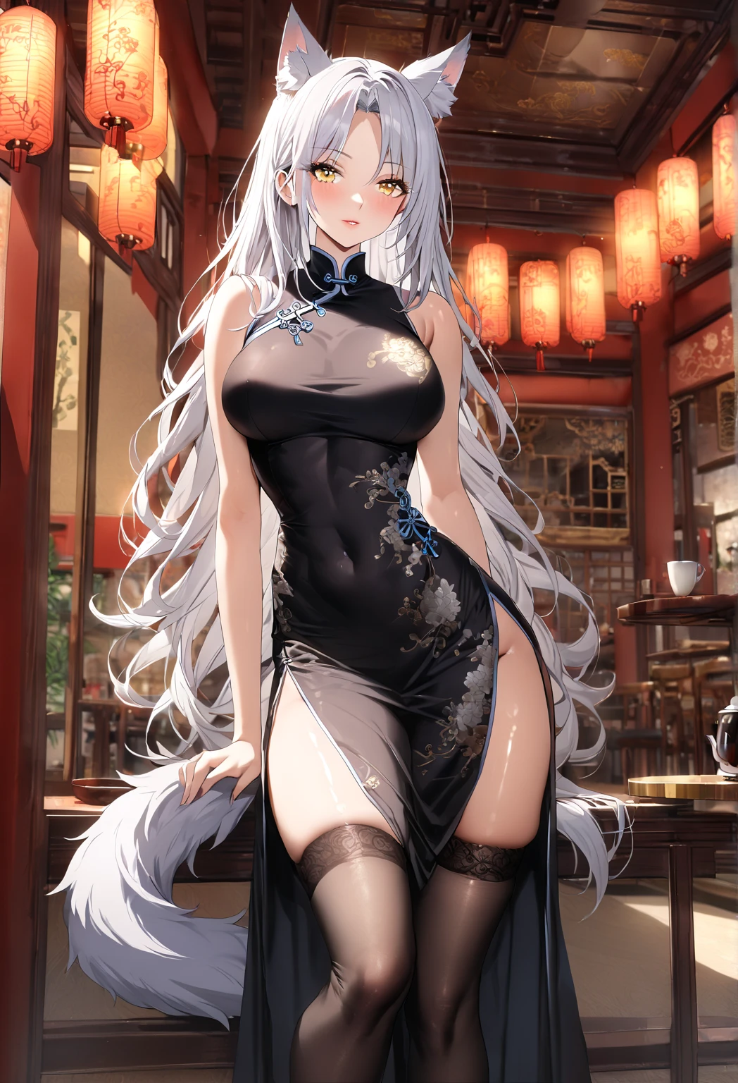 Highest quality, masterpiece, 1girl, solo, (white long hair), parted bangs, ((yellow eyes)), wolf ears, wolf tails, chinese dress, slim waist, shiny skin, (long dress), (tight dress), (ying and yang dress), (clothed), black dress, large breasts, thighs, thigh highs, tea shop background, Chinese background, beautiful lighting, calm, elegant, 