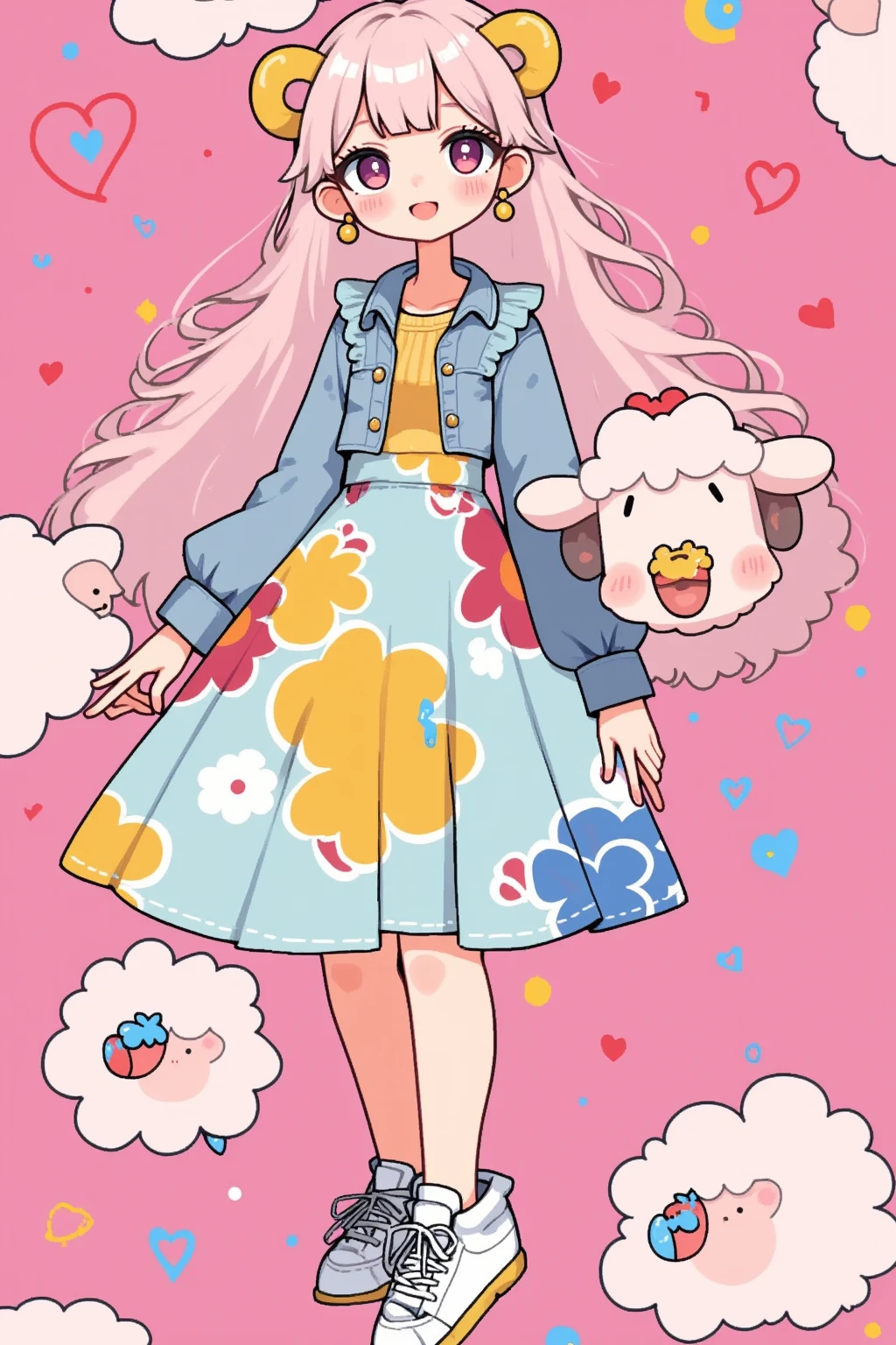 (masterpiece:1.2,  highres icon:1.3, good anatomy:1.3), 1woman,  pink fluffy long hair, Thick eyebrows:1.3, Girlish Style,  sticking out her tongue , Bright Face,  sneakers,  ( pink background\Illustration of lots of sheep )