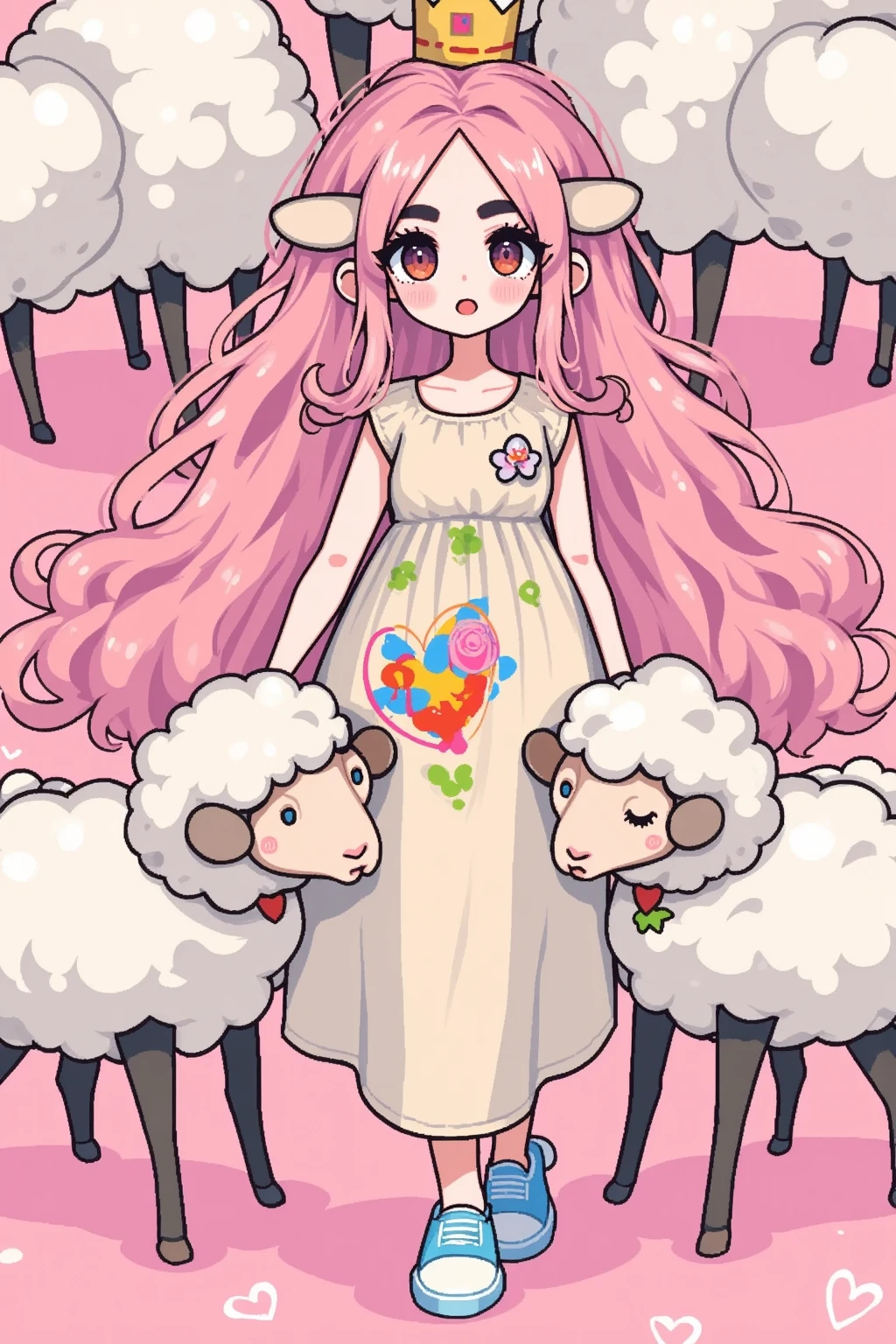 (masterpiece:1.2,  highres icon:1.3, good anatomy:1.3), 1woman,  pink fluffy long hair, Thick eyebrows:1.3, Girlish Style,  sticking out her tongue , Bright Face,  sneakers,  ( pink background\Illustration of lots of sheep )