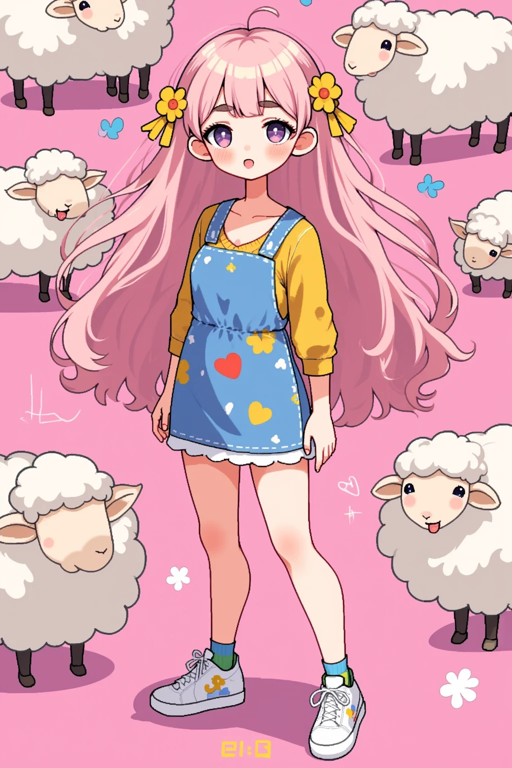 (masterpiece:1.2,  highres icon:1.3, good anatomy:1.3), 1woman,  pink fluffy long hair, Thick eyebrows:1.3, Sheep&#39;s round horns, Girlish Style,  sticking out her tongue , Bright Face,  sneakers,  ( pink background\Illustration of lots of sheep )