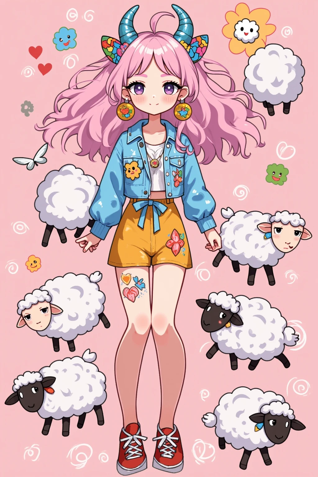 (masterpiece:1.2,  highres icon:1.3, good anatomy:1.3), 1woman,  pink fluffy long hair, Thick eyebrows:1.3, Girlish Style,  sticking out her tongue , Bright Face,  sneakers,  ( pink background\Illustration of lots of sheep )