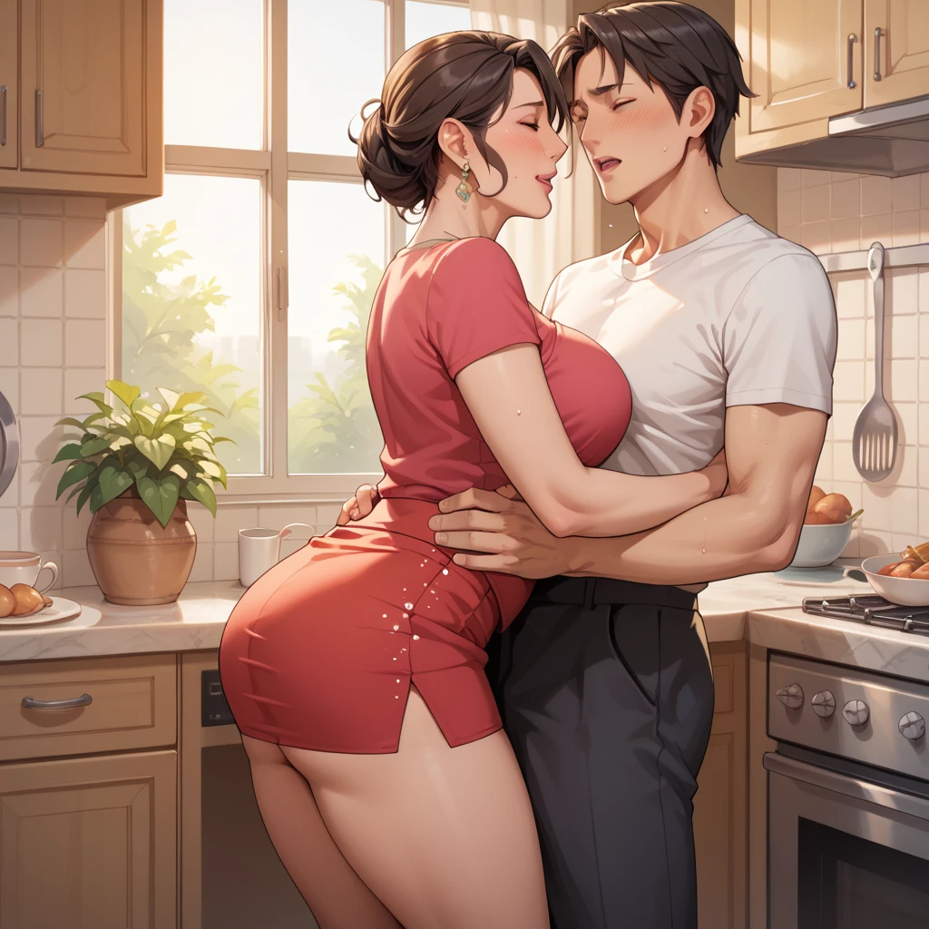 Erotic image of a muscular African-American man embracing a beautiful Asian woman from behind in a home kitchen.  The woman should have large exposed breasts. High-resolution.
