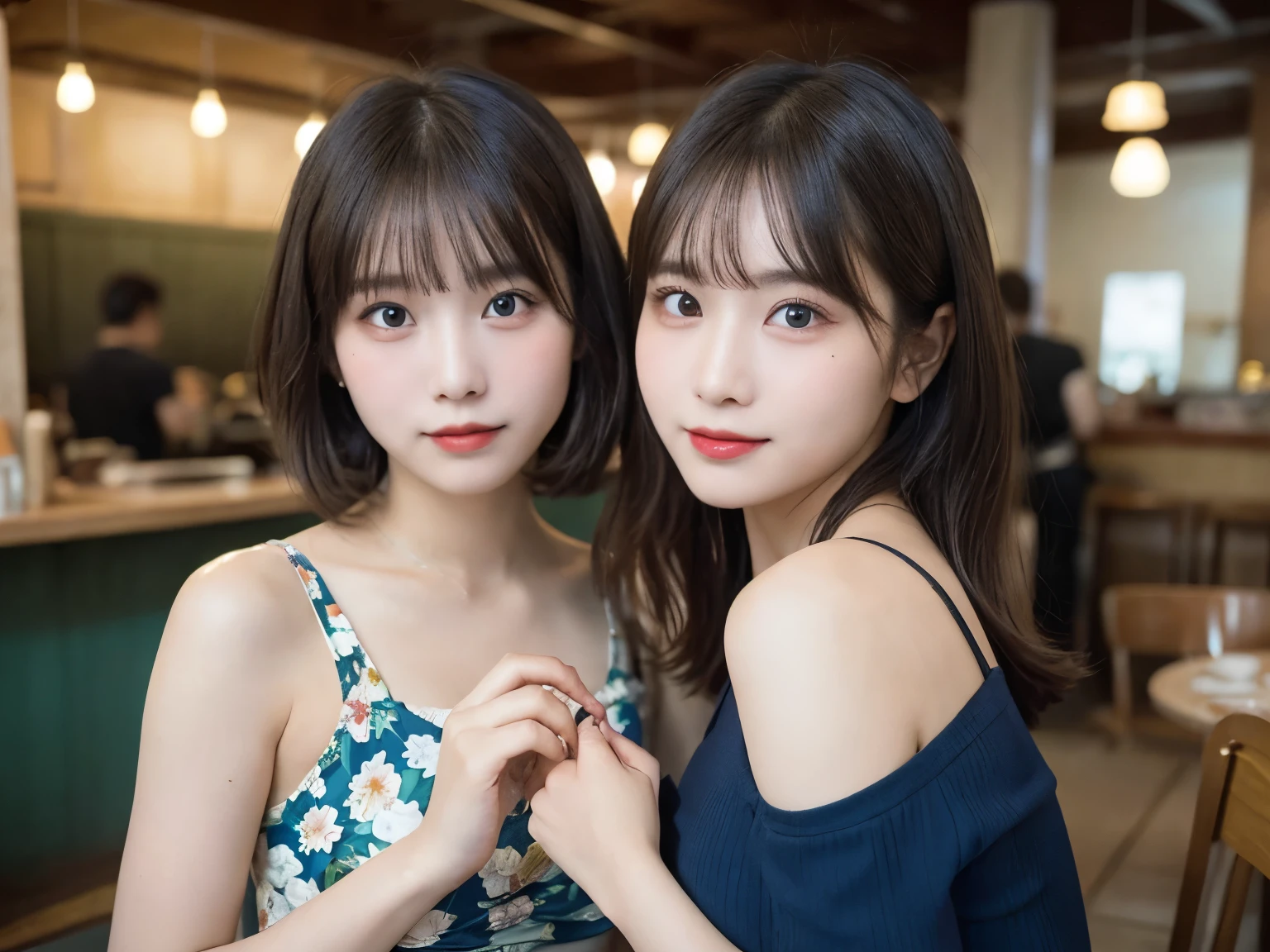 Three Asian women taking a photo in a room, Ulzzang, Three sisters looking in the mirror, 8K)), Popular Korean makeup, Profile picture, beautiful girl, 8K selfie photo, Cute - Nice - Face, Popular Korean makeup, Shision Wu, pretty girl, Korean Girls, avatar Profile picture, sakimichan, very high quality, Surreal Realism, Super polished, high quality, 8K resolution, Diverse styles, Exposing shoulders without exposing breasts,