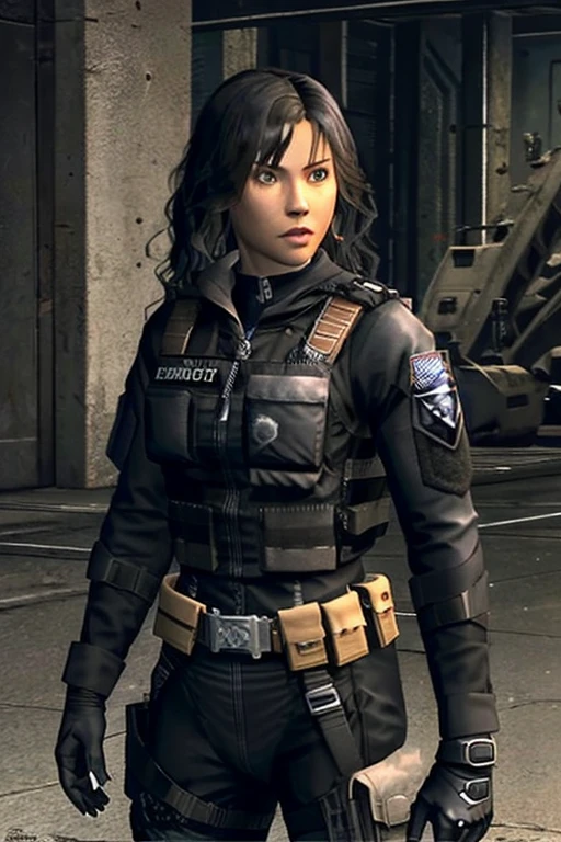 masterpiece, best quality, 1girl, solo, PS2 style, tan-bronze skin, athletic physique, muscular, amber eyes, wavy black hair, gray tactical suit, black bulletproof vest, black combat gloves, utility belt, gun holsters
