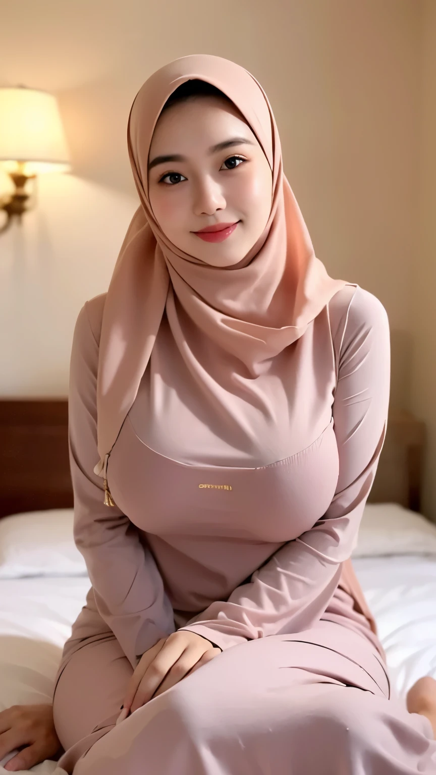  a beautiful young woman hijab, (((super big breast))), (very huge big breast covered) perfect face, (((very huge big breast,))), ((( Big Breast))) long dress muslim, Slim Face、20 years old, stil young, Pretty Lady,  smile eyes, sleep in bedroom, stand up, (big breast ) , see full image