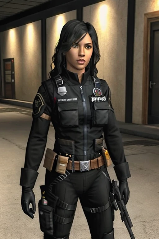 masterpiece, best quality, 1girl, solo, PS2 style, tan-bronze skin, athletic physique, muscular, amber eyes, wavy black hair, gray bodysuit, black bulletproof vest, black combat gloves, utility belt, gun holsters
