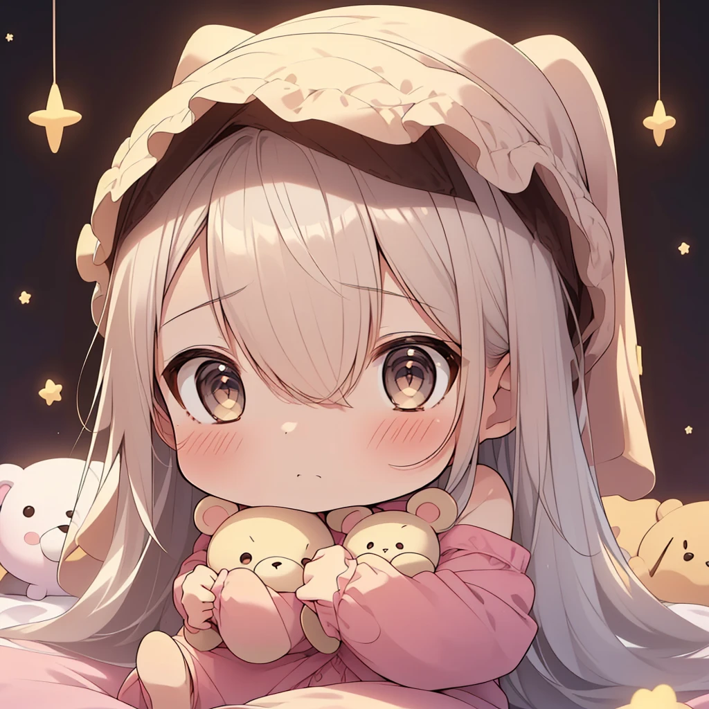 Chibi、cute、(nsfw:0.9),(:1.4), Alone, whole body,  sitting,  dynamic angle,  white hair ,  flat chested, Frilled, ３age,  brown hair,  long hair,   knight ,  starry sky , dark, sleepy, i want to sleep, Animal ear hood , Holding a teddy bear,  Covered breasts,shy, , A girl in pajamas holding a large stuffed animal , with a shy expression on her face, Bedroom environment,  The edges of the 、There should be an atmosphere where sensuality and innocence are mixed, The background should be visually appealing ,