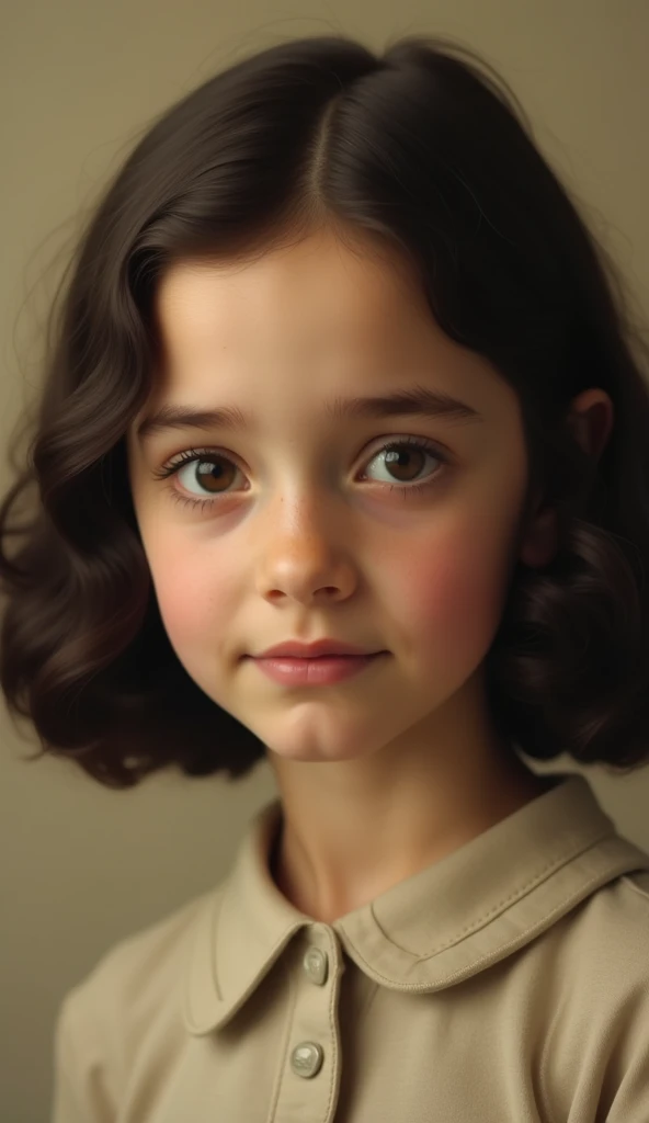 A young girl with a thoughtful and innocent expression, capturing the essence of Anne Frank. She has dark brown hair styled simply, with soft waves, and is dressed in a modest 1940s-style blouse, possibly with a small collar. Her gaze is reflective, filled with hope and quiet strength, symbolizing her resilience in the face of hardship. The background should be a soft, neutral tone that doesn’t distract from her face, evoking a sense of calm. The lighting should be warm, accentuating the gentleness of her features, with a subtle nostalgic atmosphere.