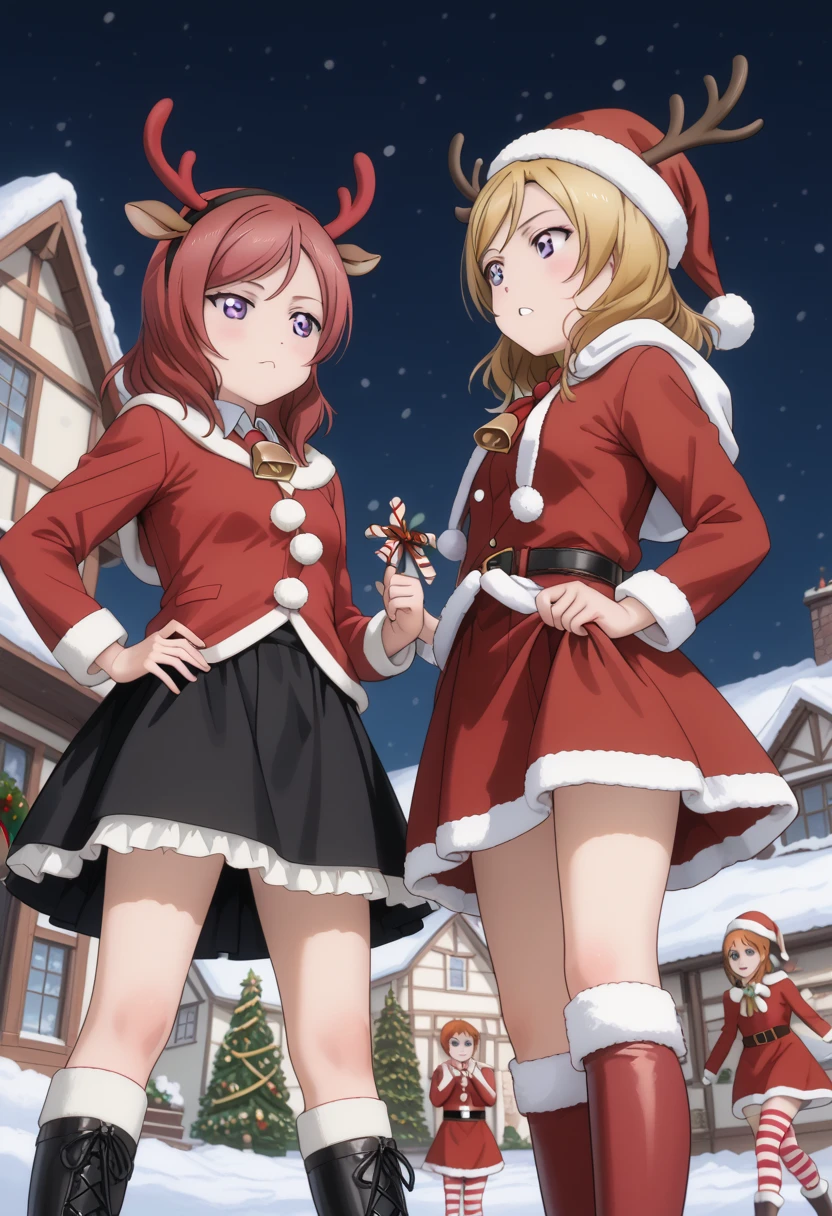 2girls, multiple girl, A powerful standing posture,  skirt lift, Stand with feet apart, cowboy shot, from below, BREAK, 1girl, Santa costume, Shoulder Bare, long sleeve,  stripe thighhighs, Santa hat, Santa boots, White fake  Beard, BREAK, 1girl, Headband with reindeer antlers, reindeer costume, Red round fake nose, brown Hooded parka, Brown fur skirt,black leather boots, cow bell tie, BREAK, Santa claus village, snow, Finland, BREAK, detail illustration, score_7, score_8, score_9, , (artist: Maki Nishikino)