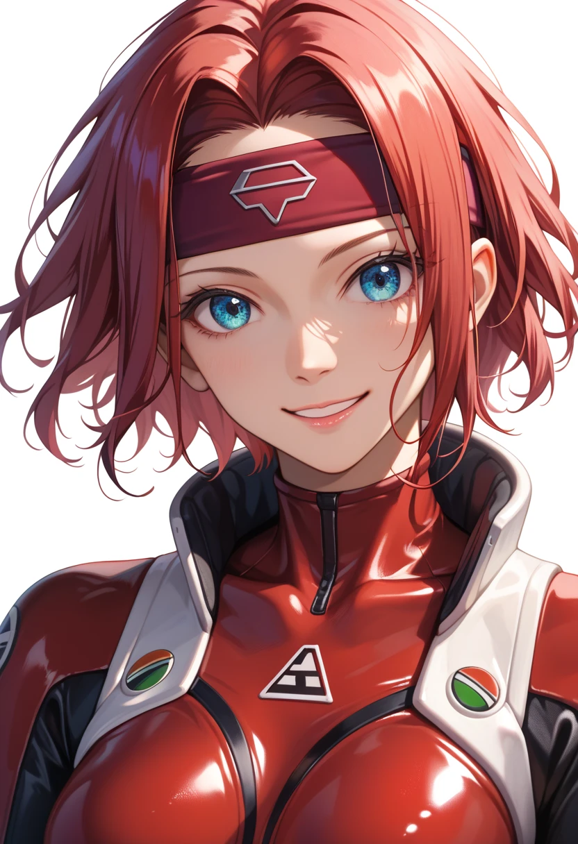 masterpiece, best quality, very aesthetic, absurdres,
1girl, kouzuki kallen, red hair, short hair, blue eyes,
flipped hair, headband,
bodysuit, pilot suit, red bodysuit,
upper body, smile, solo, looking at viewer, simple background, white background, 