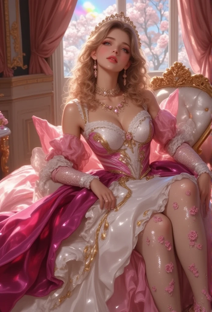 Naked, (( Plateau Peace  )),  Marie Antoinette  ,  Super detailed face ,fine grain,   Please open your mouth slightly,( blonde alone ),  long hair,  wavy hair , (((sheer silk dress:1.3))),Rococo Ruffle Dress, ((( Sexy Dress :1.3))),  dress for lying on a wooden boat has a long skirt ,  Baroque Dress  ,   intricate fantasy dress  , Beautiful ruffle dress ,   romantic dress,   Frill Costume  ,lottery, Data Style,  formal wear , Fancy Fashion, palate colors include   pink and white,(  pink:1.5),Class A Smile,Gold Tiara,   Necklaces  , sit in a luxurious chair,Hands on knees,(  rainbow light  :1.4),,  the side face of a person looking out of the window  ,  a rosebush is reflected in the window   ,(Inside Victoria Palace)、Her eyes are shining、 now her blonde alone's hair extends to her waist 、Rose-colored gradation and three, 薄い  pinkのロック. 彼女は花柄の装飾が施されたGold Tiaraを着用し、  Matching earrings    , white flower choker. 彼女は金色のボタンで縁取られたフリル付きの白いストライプの  pinkのトップを着ている, The white sleeves are in the shape of a bud  ..   with a magenta ribbon flowing out of her chest  ..、 At the back of her neck  、Matching chest piece, Decorated with flowers.  her frilly skirt is separated by a white line ,  Fastened with a large magenta ribbon 、Decorated with gold,   There is a small ribbon on the back  . Her mini skirt、薄い  pinkのマゼンタの貝殻状の裏地と白い花のペチコートでできている. 彼女は  pinkの花がついた白い手袋も着用している, 白と薄い  pinkの靴には、ゆるいカフとDecorated with flowersたマゼンタのリボンがある