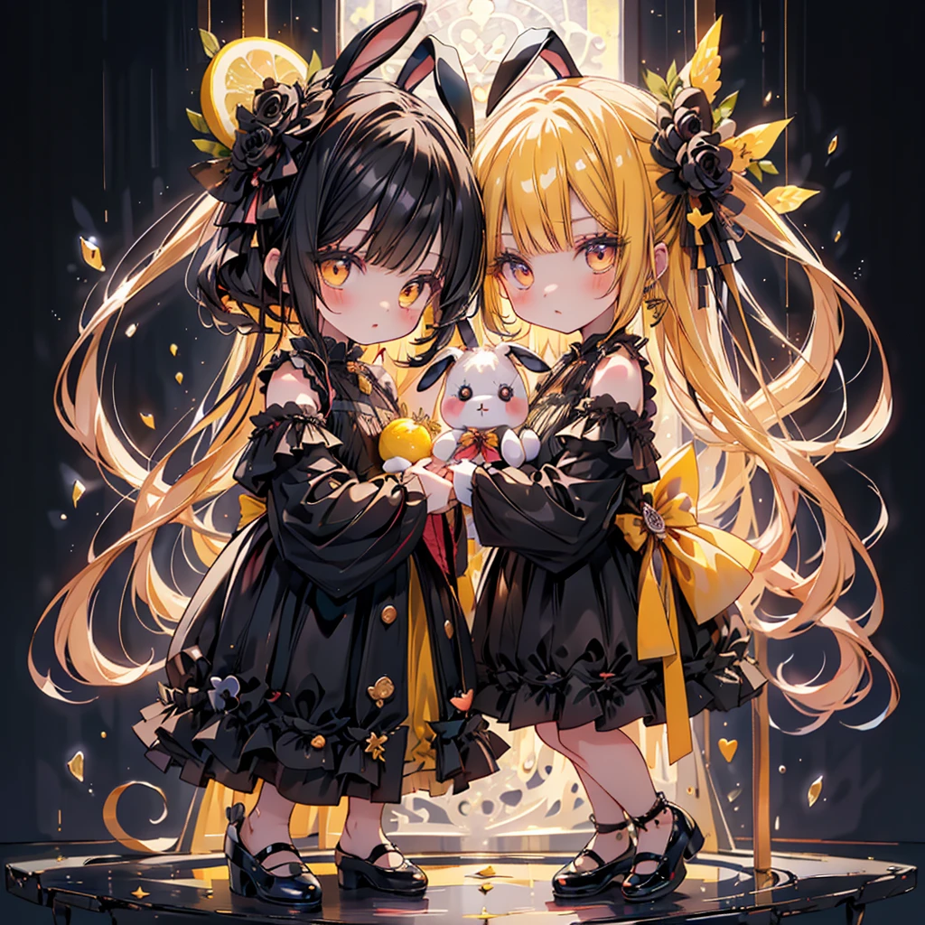 1girl, pretty face、Chibi、cute、My cheeks are flesh-colored 、（ beautiful eyes、 long lashes）、Black clothes、Flared long sleeves、 Shoulder-baring  、One piece flare skirt、Rabbit with stuffed toy、black and lemon yellow palette、Gothic Shoes、Positive、Black Rose、🌙、perfect anatomy、heart、