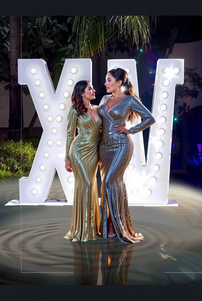 Two stunning women posing elegantly in front of giant marquee letters ‘XV’ glowing with warm white lights, standing on a reflective water surface that softly ripples beneath them. One woman wears a golden, shimmering, long-sleeve gown with a high slit, while the other is dressed in a silver, sparkling gown with a similar design. The scene exudes luxury and sophistication, with the women’s confident poses and glamorous hairstyles—one styled in loose waves and the other in a sleek ponytail. The background features lush greenery and palm trees, subtly illuminated by soft, cinematic evening lighting, creating a magical and festive atmosphere. The overall composition highlights elegance, celebration, and a refined party aesthetic.Cabello largo, Sonrisa, UHD, Cabello largo, Sonrisa, Hiperdetallado, Hiperrealismo, Fotorrealista, Hiperdetallado, Cinematografía, Película, Sonrisa, Cabello negro, Cabello largo, Alta resolución, La mejor calidad, Detalle, UHD, Muy detallado, Sonrisa, 8k octanos, Película, Cinematografía, Realismo, Retrato fotográfico, 