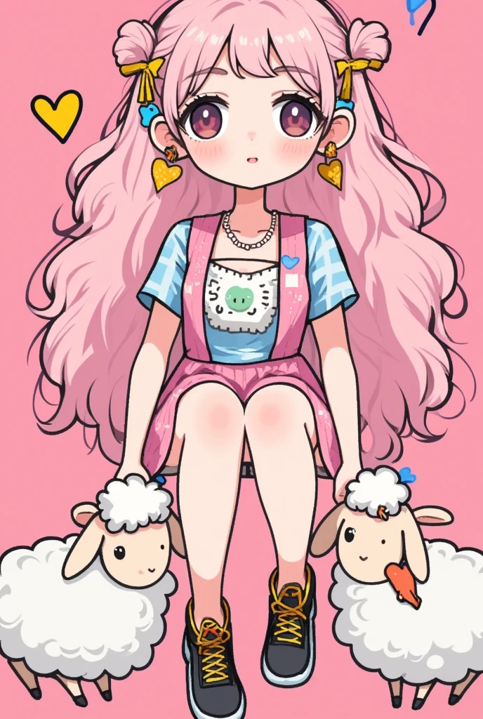 (masterpiece:1.2,  highres icon:1.3, good anatomy:1.3), 1woman,  pink fluffy long hair, Thick eyebrows:1.3, Sheep&#39;s round horns,  gothic ta Style,  sticking out her tongue , Bright Face,  sneakers,  ( pink background\Illustration of lots of sheep ),  earrings,  poster/magazine illustration effect,  modern minimalist illustration, 