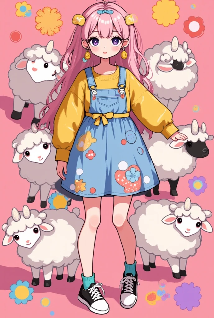 (masterpiece:1.2,  highres icon:1.3, good anatomy:1.3), 1woman,  pink fluffy long hair, Thick eyebrows:1.3, Girlish Style,  sticking out her tongue , Bright Face,  sneakers,  ( pink background\Illustration of lots of sheep )