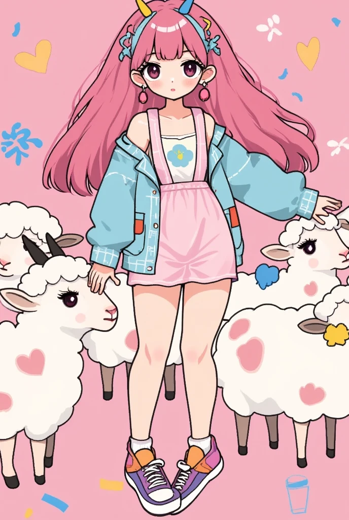 (masterpiece:1.2,  highres icon:1.3, good anatomy:1.3), 1woman,  pink fluffy long hair, Thick eyebrows:1.3, Sheep&#39;s round horns,  gothic lolita Style,  sticking out her tongue , Bright Face,  sneakers,  ( pink background\Illustration of lots of sheep ),  earrings,  poster/magazine illustration effect,  modern minimalist illustration, 