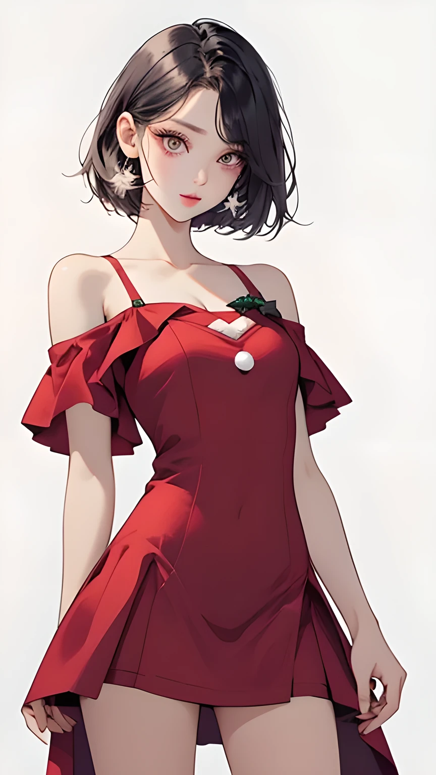 Delicate line drawing, perfect illustration, 8k, christmas dress,girl, big eyes (eyelashes), cowboy shot, short hair, face forward、front shot