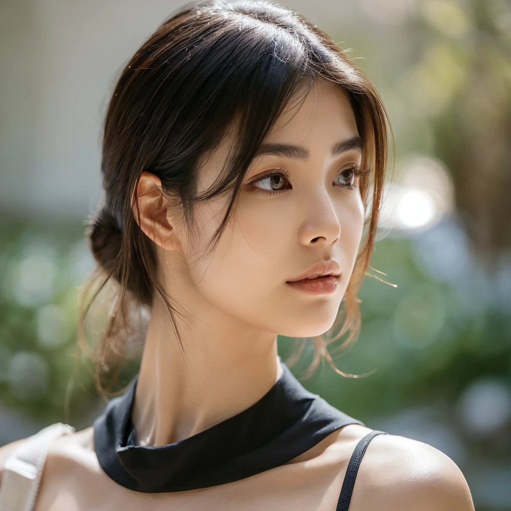 A hyper-realistic image of a single Japanese woman in her early 20s, captured with modern, ultra-high-definition clarity. Her skin has a warm beige tone with a natural, slightly rough texture that includes visible pores, fine lines, and subtle imperfections such as small blemishes, adding to the authenticity of her appearance. The natural light casts both soft highlights and gentle shadows across her features, creating a dynamic interplay of light and dark that enhances her facial contours and adds depth to the image. The sunlight subtly illuminates one side of her face, leaving the other side in a soft shadow, emphasizing the natural curvature of her cheekbones, nose, and jawline. Her straight, glossy black hair frames her face in a natural, slightly tousled manner, with certain strands catching the light to create a realistic sheen. Her deep brown eyes reflect the ambient light, adding depth and emotion, with delicate shadows around her eyes enhancing their intensity. The image showcases every detail with precision, maintaining a crisp and lifelike representation of her skin and features. She is dressed simply, in a way that complements her natural beauty, with the overall composition designed to evoke a sense of genuine, understated elegance. The careful use of natural light and shadow ensures a realistic, three-dimensional portrayal, capturing the subtle imperfections and lifelike details that make her beauty truly authentic, focusing solely on this one individual.She has large, ample breasts and wears only attractive, fashionable underwear, which accentuates her cleavage.almost see the nipples.Be sure to keep your eyes on us.Stylish and cute bras.