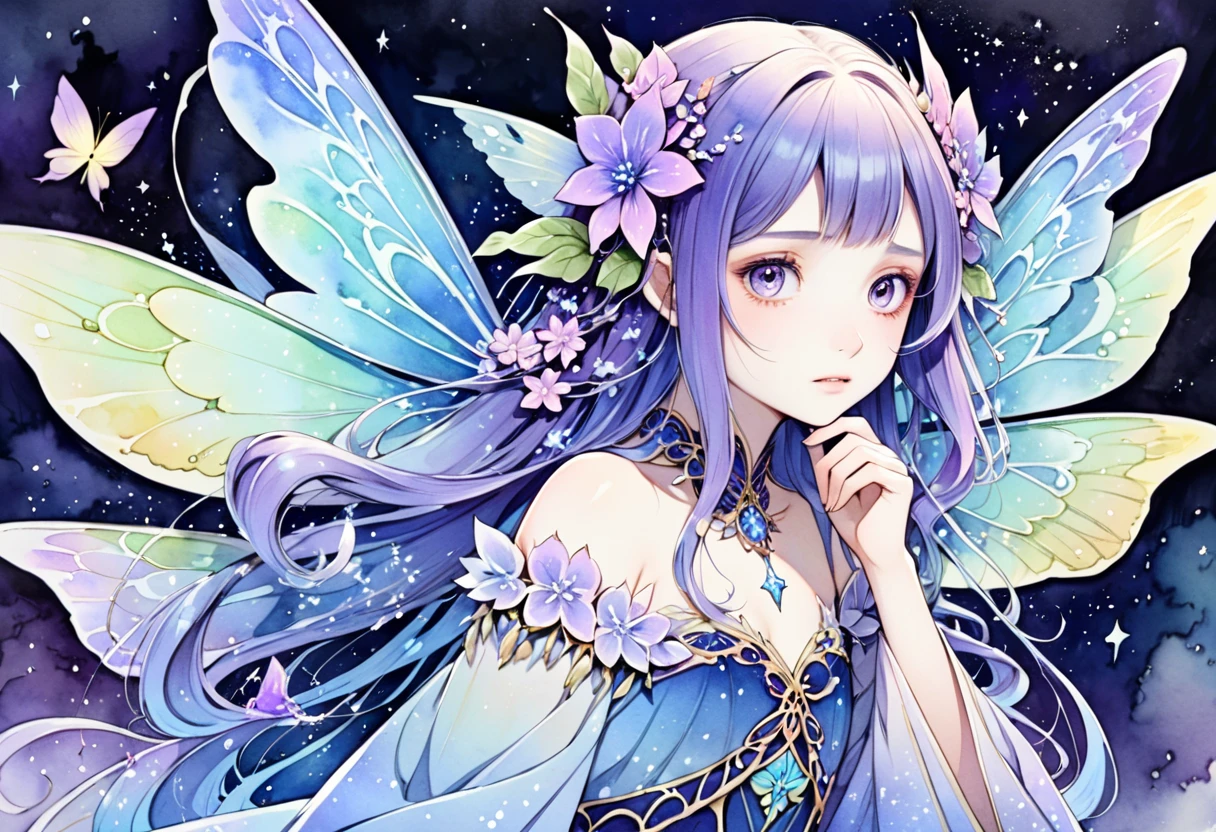 masterpiece, Highest quality, 1girl, Very detailed, Ultra-high resolution, Distinctive facial features, Anatomically correct, pretty girl, full body, Long pointy ears, Fairy, Nice face,Black Hair, Purple eyes,one piece, Black pantyhose,
