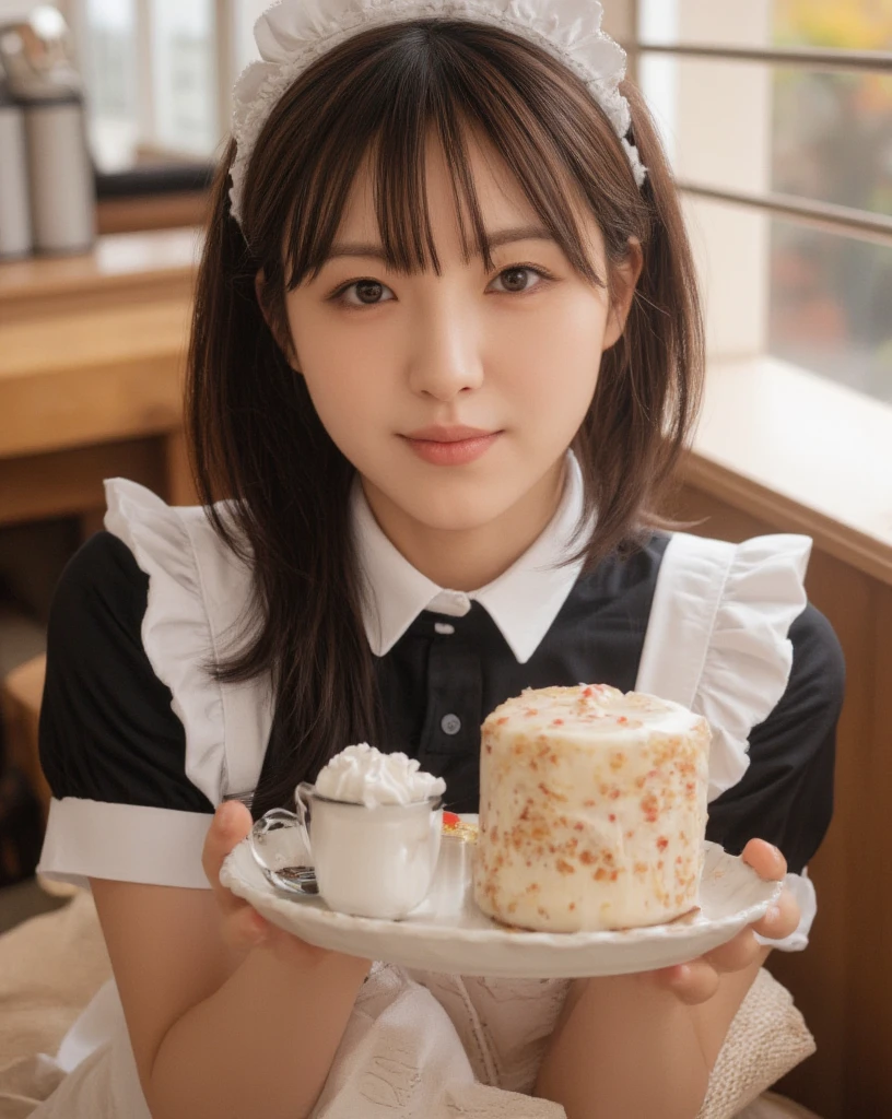 holding a tray with a cake, Japanese maid cafe, gorgeous maid, looking at viewer, masterpiece, best quality, 1 girl in uniform, solo, high definition , smile,  Big Breasts , round face, cowboy shot,  Blurred Background, photorealistic, textured skin,  Ultra High Definition, I would, movie light effect, looking at viewer, mint chocolate color maid