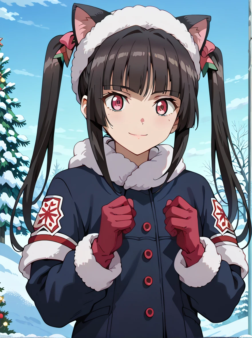  score_9,  score_8_up,  score_7_up,  score_6_up,  score_5_up, break,   source_Anime, Anime screencap, Shirabe,   black hair,( top quality, 8k, masterpiece,  super high resolution :1.2),  Cowboy Shots,  natural light, Christmas, square,
raising both hands, cute, 18 years old, smiling, twin tails, cat ears, best quality, winter clothes, masterpiece,