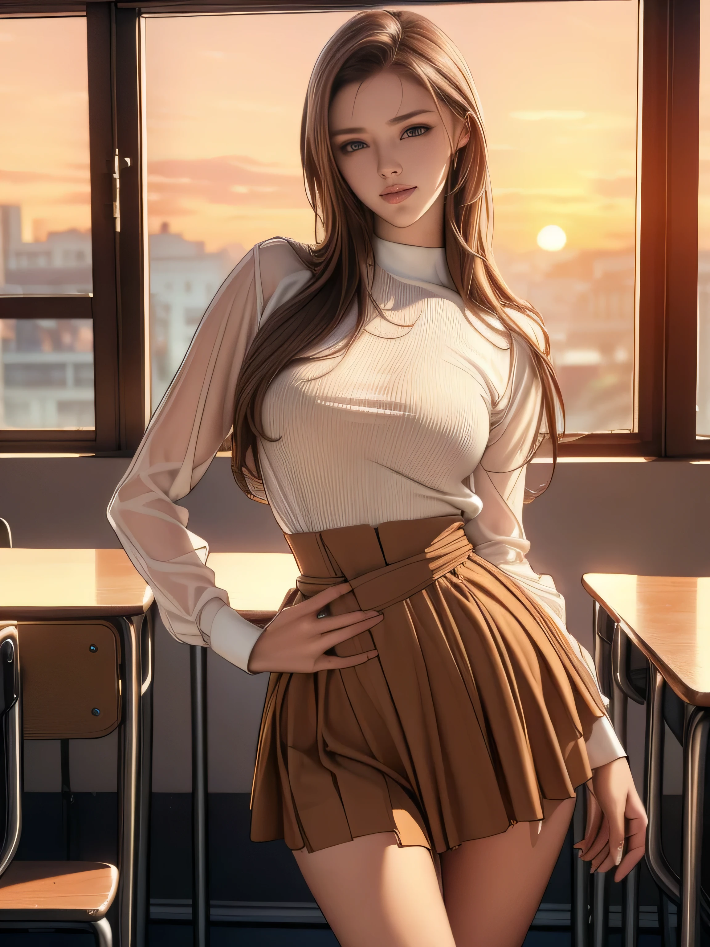 (8k, photorealistic , masterpiece, top quality, RAW photos :1.3)、One woman, Age 25,Alone, high school girl, long hair, brown hair , details showing the cheering team, attractive face , (Brown eyes with beautiful details:1.2), medium breasts,(Loose-fitting suits, sheer skirt :1.35), ( perfect body slim beauty: 1.4),( seduction pose :1.3), ( viewers who stop at the edge, Front View, eyes that expand beyond the cloth area focus:1.2), Detailed Background , (sunset:1.2), classroom, fine details , intricate details, raytracing , depth of field, charming smile ,classroom,((Super long brown hair reaching to her waist:1.4)),