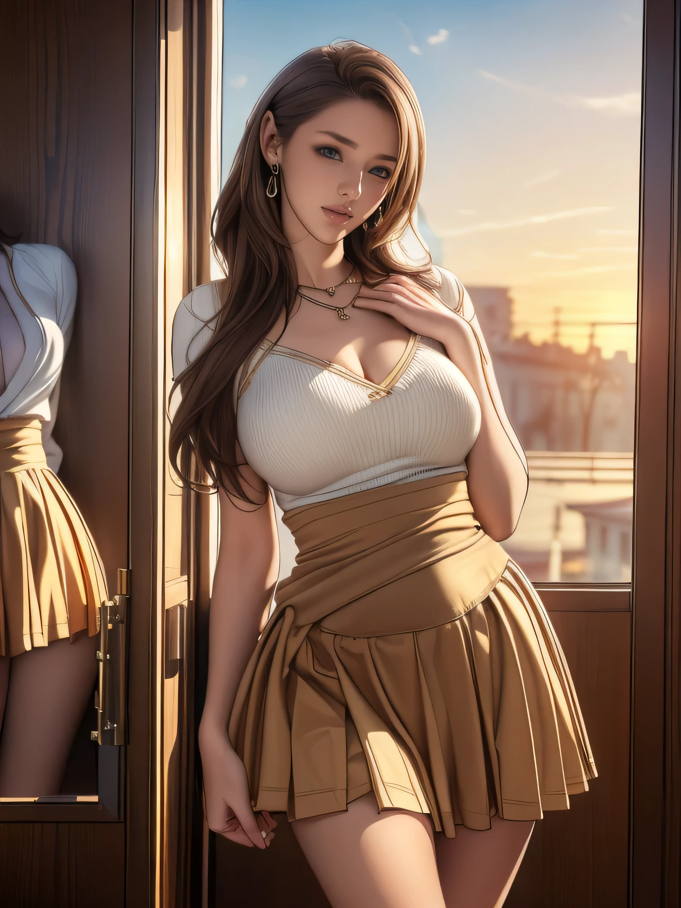 (8k, photorealistic , masterpiece,  top quality,  RAW photos :1.3)、One woman, Age 25,Alone, high school girl,  long hair,  brown hair ,  details showing the cheering team,  attractive face , (Brown eyes with beautiful details:1.2), medium breasts,(Loose-fitting suits, sheer skirt :1.35), (  perfect body slim beauty: 1.4),(  seduction pose :1.3), ( viewers who stop at the edge, Front View, eyes that expand beyond the cloth area focus:1.2),  Detailed Background , (sunset:1.2), classroom, fine details ,  intricate details,  raytracing ,  depth of field,  charming smile ,classroom,((Super long brown hair reaching to her waist:1.4)),((shy smile_open her mouth lightly:1.4)),((mideum breasts:1.4)),((Place your left hand gently on your chin:1.5))((gold necklace_Large earrings:1.2)),