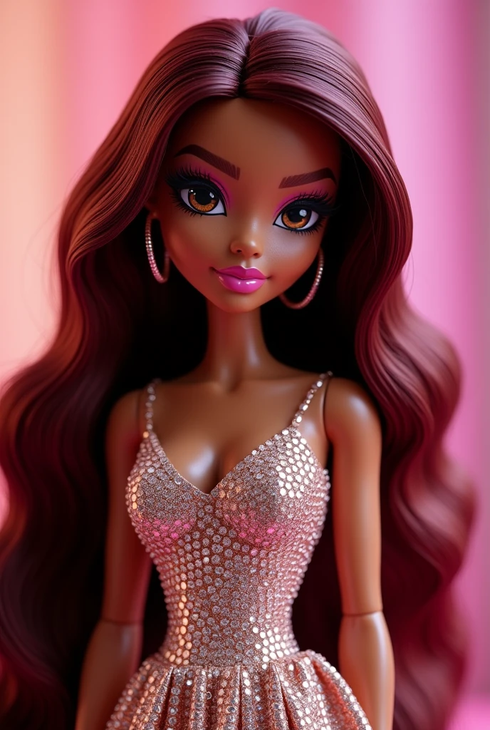 "Depict Yasmin from Bratz in a striking, fashionable scene that highlights her sassy and confident vibe. She is dressed in an iridescent, sleeveless dress that catches the light with every movement. Her long, luxurious brown hair has a subtle wave, perfectly complementing her glowing, bronzed skin. She stands facing the camera, hands confidently placed behind her back, exuding a poised and stylish presence. Yasmin’s eyes are a stunning hazel with intricate, detailed pupils that reflect her thoughtful and creative nature. She has a warm, inviting smile, framed by glossy, soft pink lips, and a few delicate freckles that add to her natural beauty.
The setting is cozy and chic, inside a beautifully designed home with a fireplace softly glowing in the background, giving the scene a warm, intimate atmosphere. Yasmin’s fashion-forward look is completed with a mini skirt and trendy accessories, making her stand out with effortless elegance. The scene captures her playful and slightly mysterious side, with her gaze directly meeting the viewer’s, embodying both charm and confidence."