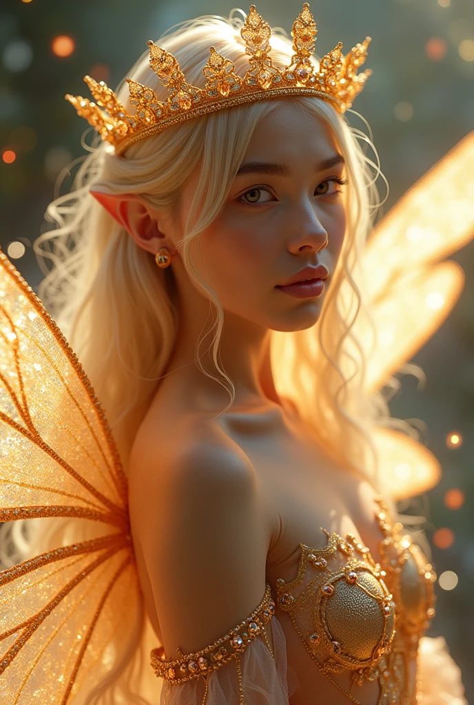(masterpiece) Gorgeous princess divinity, best quality, ultra-detailed, divine elegance, fantasy allure, (1girl), golden hair, regal headpiece, sparkling jewelry, satin gown, misty background, ethereal lighting, (floating+flying:1.2) butterflies, (soft focus+glow:1.2), swirling petals, (sparkling+twinkling:1.3) stars.