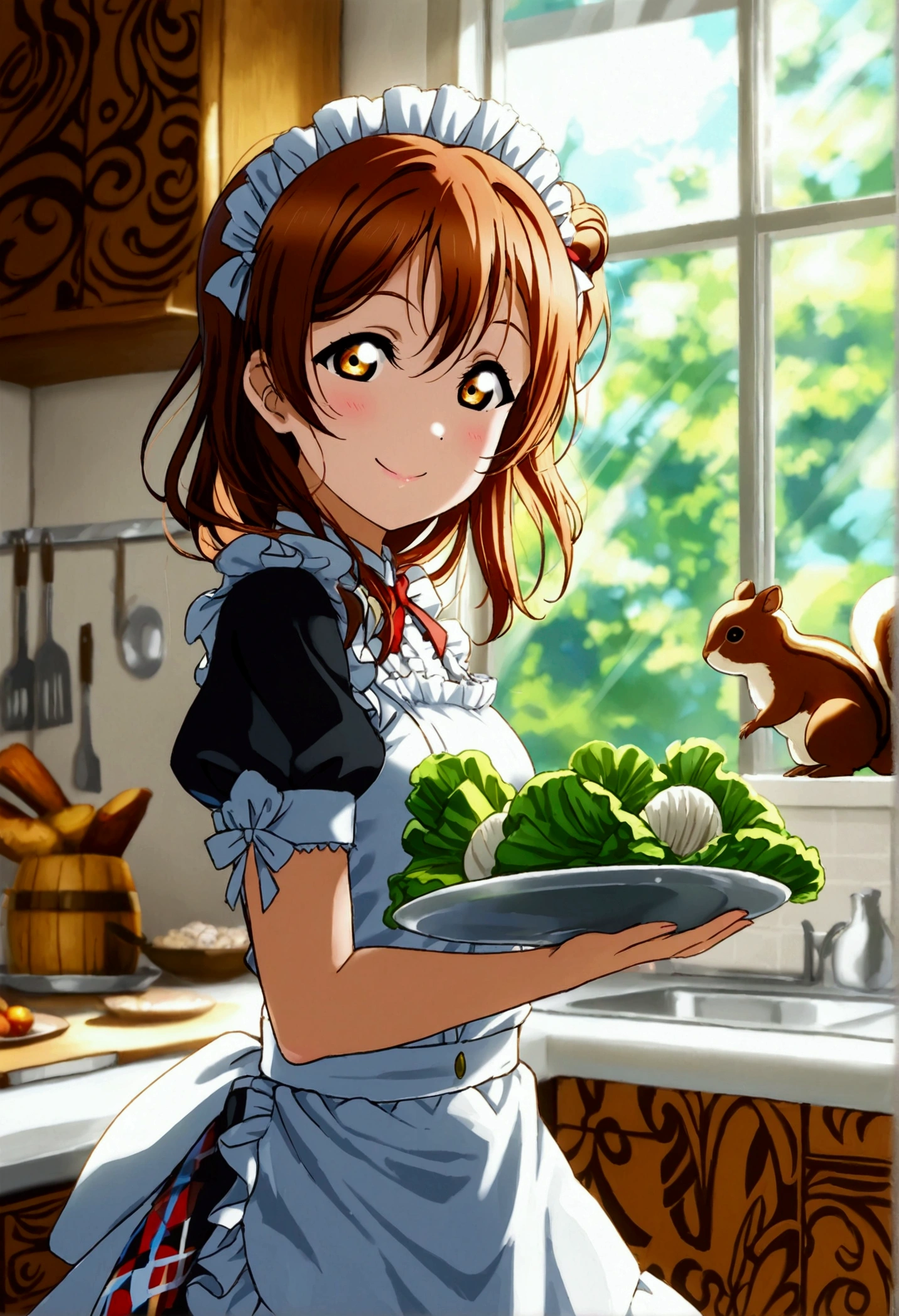   masterpiece ,  best quality , corrected anatomy , high resolution detailed background ,  character focus ,  dramatic lighting ,1 , Honoka Kousaka ,Love Live \(series\),  elegant maid custom ,  clothes with detailed and elaborate pattern ,  fechou Os Olhos , ( head slant :1.3),  leaning forward , her holding a plate with lots of cabbages on it, Kitchen Area ,  bright smile , soft light from the window,  Superficial shade ,  squirrel coming from the window , throw