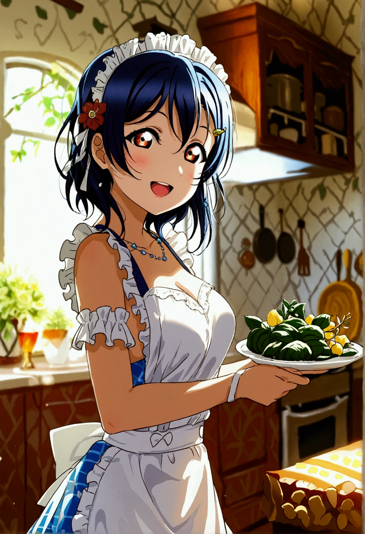   masterpiece ,  best quality , corrected anatomy , high resolution detailed background ,  character focus ,  dramatic lighting ,1 , Honoka Kousaka ,Love Live \(series\),  elegant maid custom ,  clothes with detailed and elaborate pattern ,  fechou Os Olhos , ( head slant :1.3),  leaning forward , her holding a plate with lots of cabbages on it, Kitchen Area ,  bright smile , soft light from the window,  Superficial shade ,  squirrel coming from the window , throw