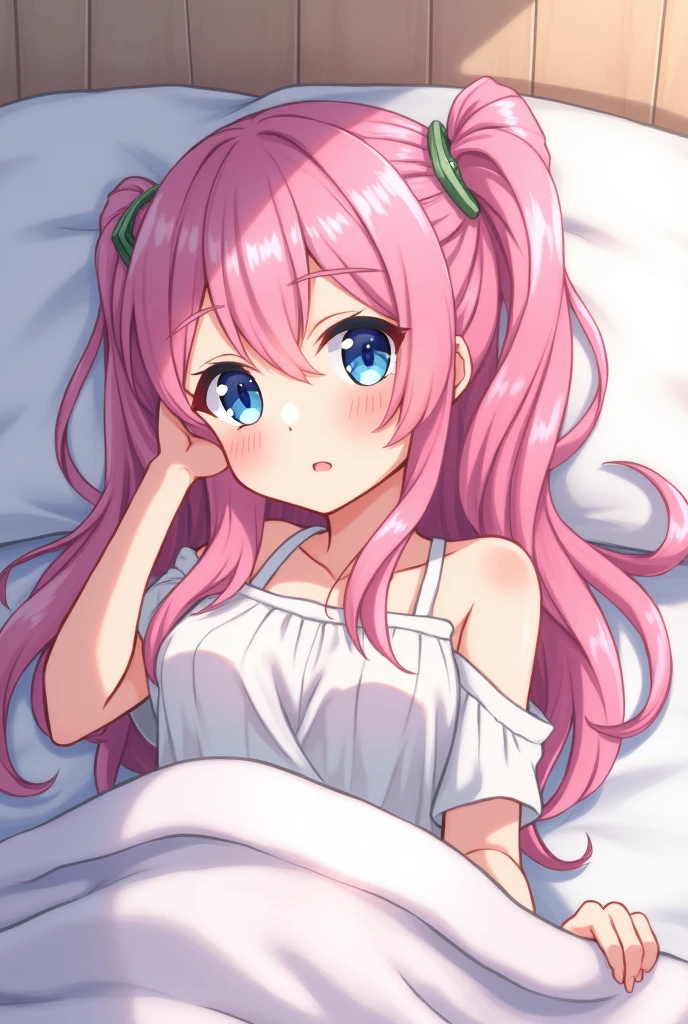 ((masterpiece)), ((best quality)), (ultra-detailed), on the bed, a cute girl, 1girl, solo, smile, underwear00, beautiful pink hair