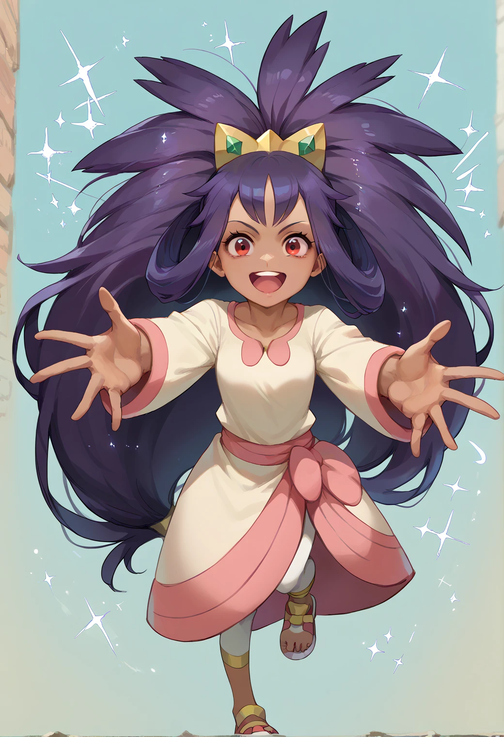 score_9, score_8_up, score_7_up, BREAK  ict style, 1girl, iris \(pokemon\), purple hair, long hair, red eyes, dark skin, big hair, cute smile, mouth open, incoming hug, action shot, jumping towards viewer, sparkles, full body